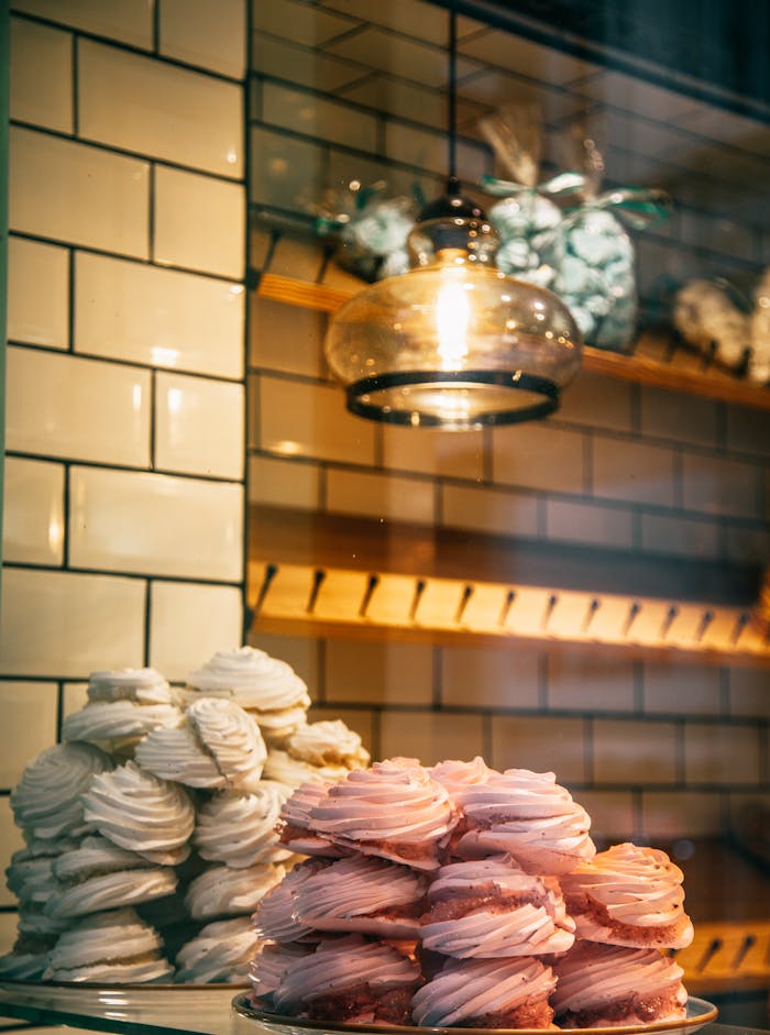 Charming display of pink and white Italian meringues in a cozy bakery setting.